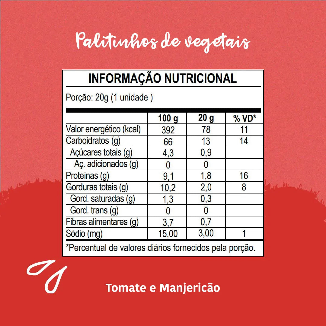 Palitinhos de Vegetais Orgânicos Tomate e Manjericão 20g Papapá
